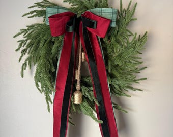 Moody Christmas Bow | Velvet, Plaid & Green Designer Wreath Bow | Luxury Holiday Home Decor