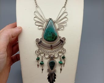 Vintage Peruvian Chrysocolla Necklace – Adjustable Boho Tribal Statement Jewelry | Ethnic Natural Stone Vintage Necklace