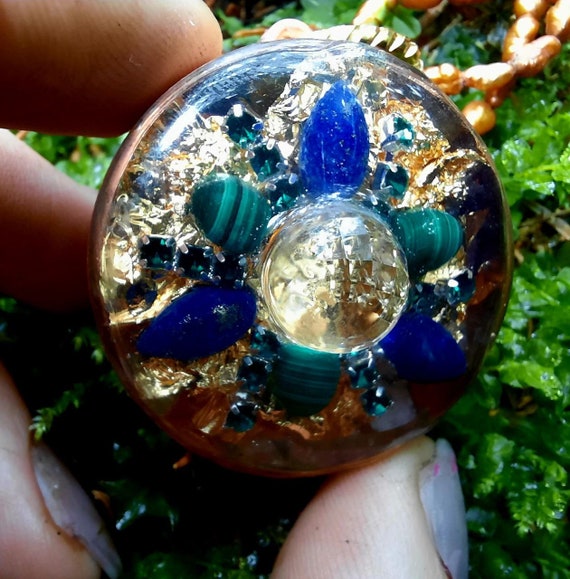 Protection Jewel, Orgone Pendant, Lapis Lazuli/Malachite Amulet, Cut Quartz Crystal Ball, EMF Protection