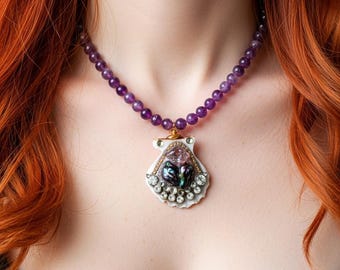 Protective Jewel – Handmade Amethyst Necklace with Shell, Baroque Pearls, Herkimer Diamond and Rhinestones