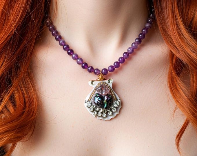 Featured listing image: Protective Jewel – Handmade Amethyst Necklace with Shell, Baroque Pearls, Herkimer Diamond and Rhinestones