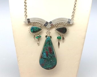 Vintage Peruvian Chrysocolla Necklace – Adjustable Boho Tribal Statement Jewelry | Ethnic Natural Stone Vintage Necklace