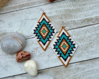 Handmade Geometric Seed Bead Earrings: Mulitcolor Boho Western Dangle Jewelry