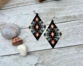 Handmade Geometric Seed Bead Earrings: Mulitcolor Boho Western Dangle Jewelry