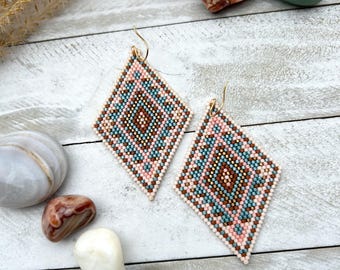 Handmade Geometric Seed Bead Earrings: Earthtone Boho Western Dangle Jewelry