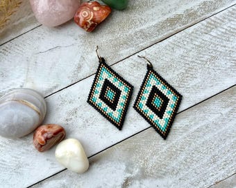 Handmade Geometric Seed Bead Earrings: Black/Turquoise Boho Western Dangle Jewelry