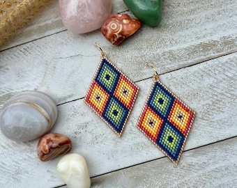 Handmade Geometric Seed Bead Earrings: Earthtone Boho Western Dangle Jewelry