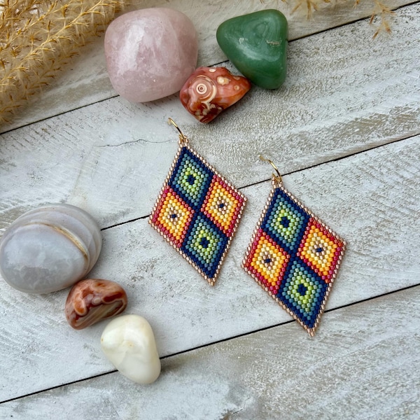 Handmade Geometric Seed Bead Earrings: Earthtone Boho Western Dangle Jewelry