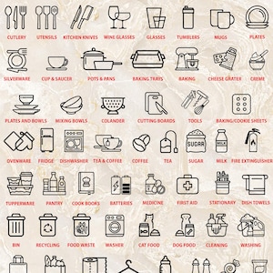 Small Kitchen Utensil Labels, Kitchen Utensil Icon Decals, Pantry Decals, Kitchen Drawers Vinyl Decals, Kitchen Organizing Labels