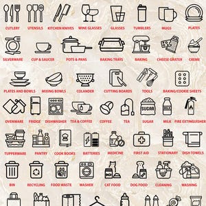 Set of 54! SMALL Kitchen Utensil Labels, Kitchen Utensil Icon Decals, Pantry Decals, Kitchen Drawers Vinyl Decals, Kitchen Organizing Labels