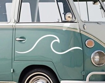 May include: A vintage teal and white Volkswagen bus with a white wave sticker on the side. The bus has a surfboard strapped to the roof.