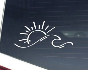 Calcomanía para coche con sol y olas, calcomanía para coche con olas oceánicas y sol, calcomanía para coche con surf, calcomanía con ambiente playero, calcomanía de surfista para portátil, coche, MacBook, pared