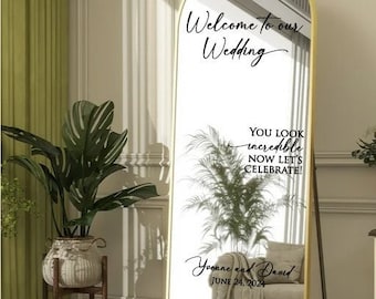 Wedding Welcome Sign Decal, Customizable Text, Hello Friends Decal, Names and date, Wedding Selfie Mirror Vinyl Sticker, DECAL ONLY