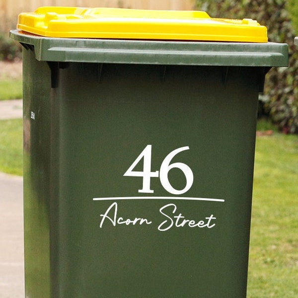 Wheelie Bin Aufkleber, Zahl und Straßenname Aufkleber, Mülleimer Aufkleber, Hausnummer Aufkleber, Mülleimer Nummer Aufkleber