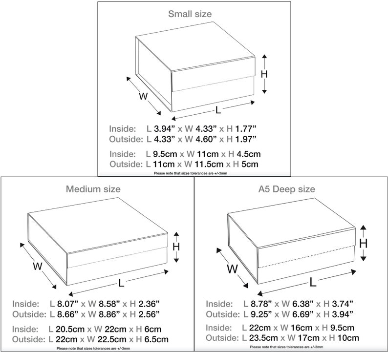 May include: Diagram showing three different sizes of gift boxes with measurements in inches and centimeters. The boxes are labeled "Small size", "Medium size", and "A5 Deep size".