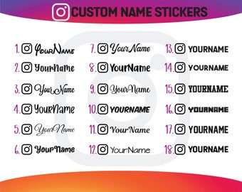 May include: A set of 18 customizable Instagram name stickers. The stickers feature a black Instagram logo with white text that says "YOURNAME". The stickers are numbered 1 through 18.