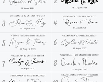 Pode incluir: Dez modelos de convites de casamento com nomes e a data "15 de agosto de 2025". Cada design inclui o texto "Willkommen zu unserer Hochzeit". Os nomes são exibidos em várias fontes elegantes.