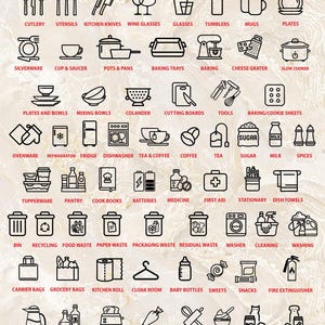 Puede incluir: Una colección de iconos de arte lineal negro dispuestos en una cuadrícula, que representan varios artículos domésticos y de cocina. Cada icono está etiquetado con texto debajo, incluyendo categorías como cubiertos, utensilios, cuchillos y electrodomésticos.