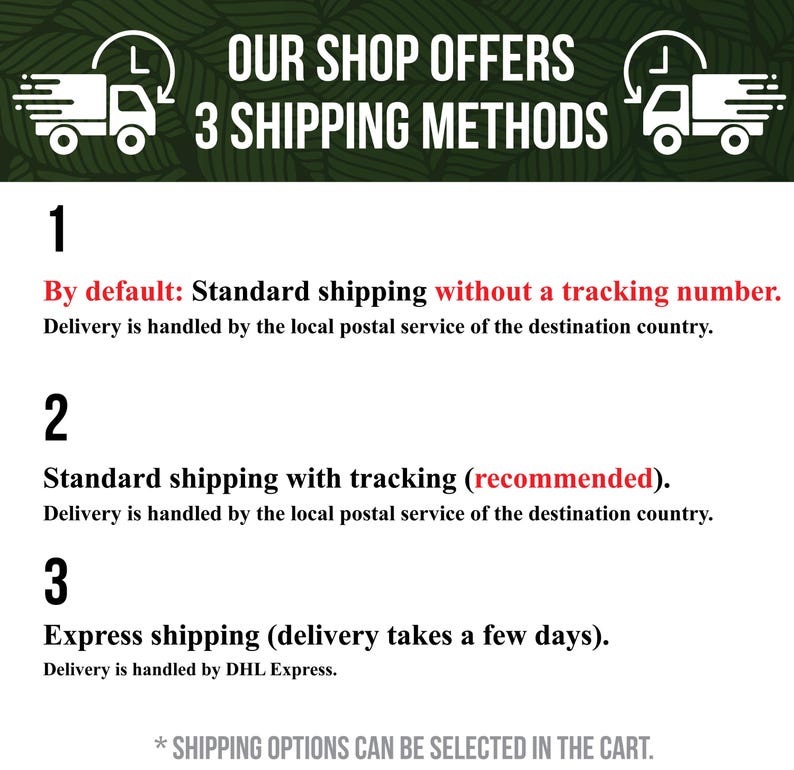 May include: White graphic with text "OUR SHOP OFFERS 3 SHIPPING METHODS" and illustrations of delivery trucks. The image details three shipping options: standard, standard with tracking, and express.