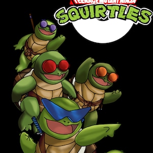 May include: Four green turtle characters wearing sunglasses and bandanas. The turtles are stacked on top of each other. The top turtle is wearing blue sunglasses, the second turtle is wearing red sunglasses, the third turtle is wearing orange sunglasses, and the bottom turtle is wearing purple sunglasses. The background is black with a red and white circle that says "Teenage Mutant Ninja Squirtle" in black letters.