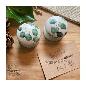 Può includere: Due piccole scatole rotonde bianche con un design a foglia di eucalipto verde. Le scatole sono su una superficie di legno con un cartoncino marrone che dice "Floramania Interiors - A Boutique for Your Home".