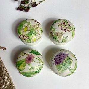 Può includere: Quattro pomelli rotondi in legno con motivi floreali. I pomelli presentano uno sfondo bianco con foglie verdi e vari fiori in tonalità di rosa, viola e bianco.