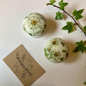 Op de afbeelding: Twee ronde, witte dozen met een bloemenontwerp van witte madeliefjes en groene bladeren. De dozen staan op een wit oppervlak met een bruine kaart waarop in zwarte cursieve letters "Flowering Hilowers" staat.