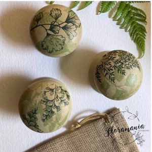 Könnte beinhalten: Drei runde, beigefarbene Steine mit einem grünen und schwarzen Blumendesign. Die Steine liegen auf einer weißen Oberfläche mit einem braunen Jutesack in der rechten unteren Ecke. Der Sack trägt den Schriftzug "Floramania Interiors".