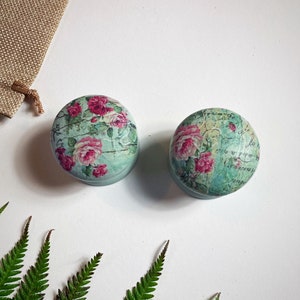 Könnte beinhalten: Zwei runde, dekorative Knöpfe mit hellblauem Hintergrund und einem floralen Muster mit rosa Rosen und grünen Blättern. Die Knöpfe haben ein Vintage- und romantisches Flair.