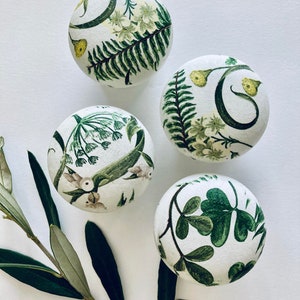 May include: Four round white ceramic knobs with green and white floral designs. The knobs feature different floral patterns, including ferns, leaves, and flowers.