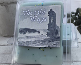 Wax Melt Clamshell, The Old Ways, Celtic Inspired Bookish Candle Tart, Ocean, Brine, Stone, Willow, Ivy, Roses, Leather Books