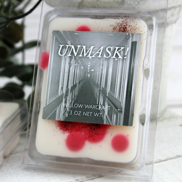 Bookish Horror Wax Melts, Unmask!, Wood, Vanilla, Hearth Smoke, Pine, Merlot, Champagne