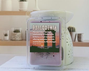 Wanderlust Collection Scented Wax Melt Clamshell, Philoxenia: Bergamot, Rose, Fig Leaf, Berries, Olive, Sandalwood, Cardamom, Amber