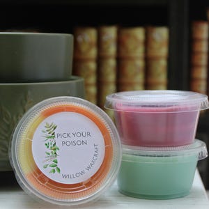 May include: An olive green wax warmer with a leaf design, alongside three small containers of scented wax melts in pink and green. One wax melt container has a label that reads "PICK YOUR POISON" and "WILLOW WAXCRAFT".