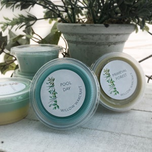 May include: Four small containers of wax melts with green and white labels. The labels have the text "Willow Waxcraft" and the names of the scents: "Pool Day", "Primeval Forest", and two others that are not visible.