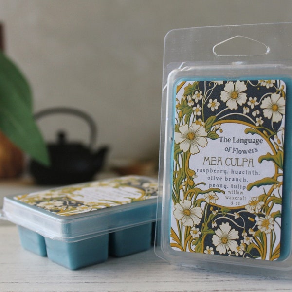 Mea Culpa Scented Wax Melt Clamshell, Language of Flowers Collection: Raspberry, Hyacinth, Peony, Olive Branch, Tulip