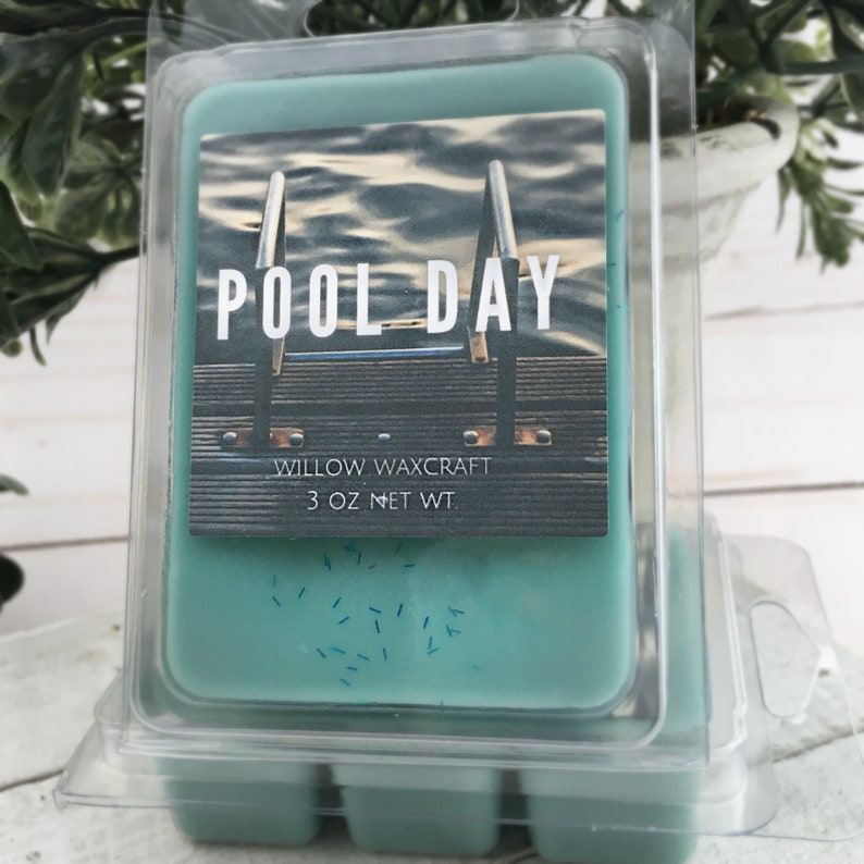 May include: A teal-colored wax melt in a clear plastic clamshell container. The label reads "POOL DAY" with an image of a pool. The product is from Willow Waxcraft and weighs 3 oz.
