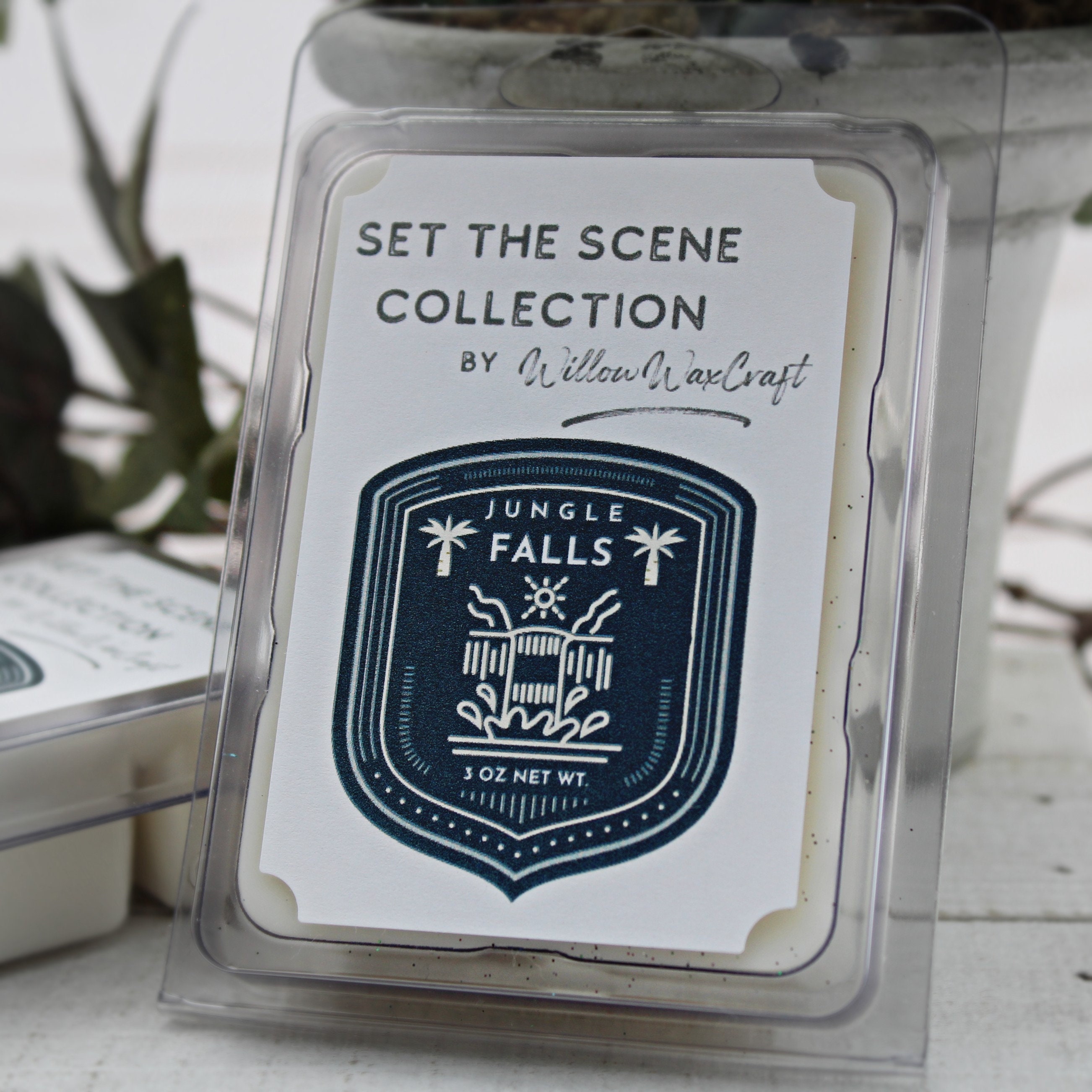 Wax Melt Clamshell, Jungle Falls, Set the Scene Collection, Green Fig Leaf, Maile Vine, Lychee, Orchid, Ylang, Lush Tropical, Driftwood