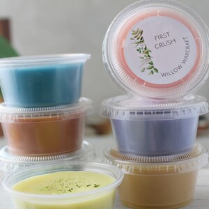 May include: Six small clear plastic containers filled with different colored wax melts. The top container has a pink wax melt with a label that reads "First Crush Willow Waxcraft".