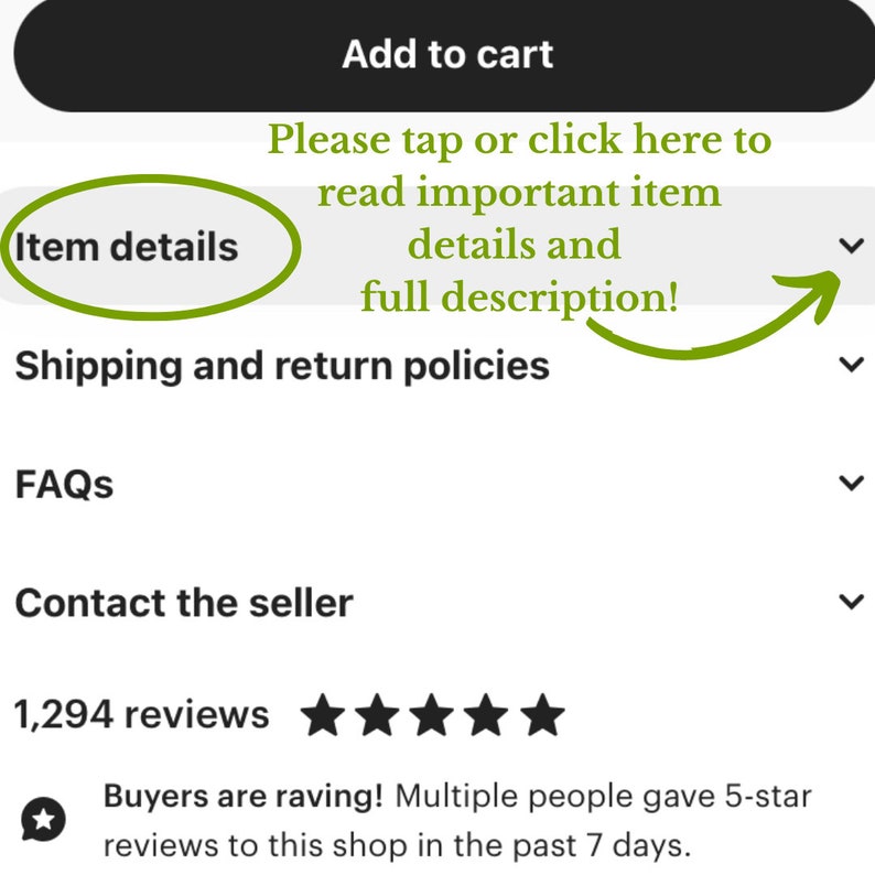 May include: Screenshot of an e-commerce listing interface. The image highlights the "Item details" section with a green circle. Text encourages users to read the full description. Additional sections include "Shipping and return policies," "FAQs," and "Contact the seller."