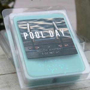 May include: A teal-colored wax melt in a clear plastic clamshell container. The label reads "POOL DAY" with an image of a pool. The product is labeled "Willow Waxcraft 3 OZ NET WT".