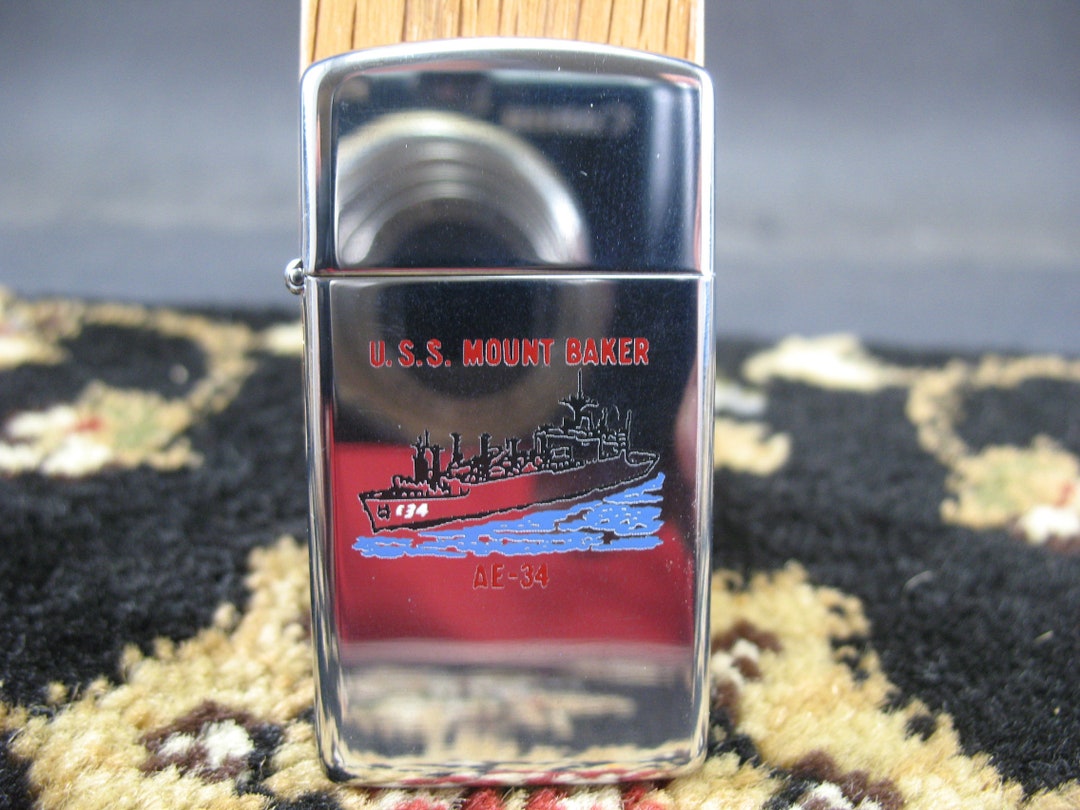 Vintage Slim Line Zippo U.S.S Mount Baker AE34 Etsy