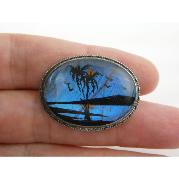 Vintage Hoffman Sterling Silver Painted Butterfly Wing Palm Tree