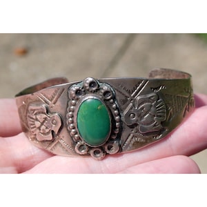 Fred Harvey Era Sterling Silver Green Turquoise Cuff Bracelet 6.75In Thunderbird