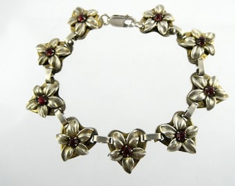 Pulsera de eslabones de flores de diamantes de imitación rojos de plata esterlina Vargas Vintage 11g 6.75 pulgadas