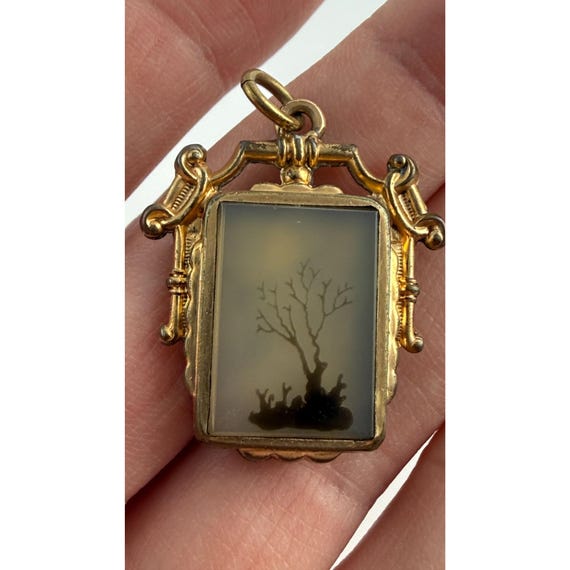 Antique Victorian Moss Agate Double Sided Pendant 8.7g Natural Tree Silhouette