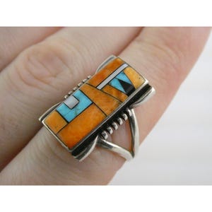 Southwestern Sterling Silver Spiny Oyster Shell Turquoise and Jet Ring Size 9.25
