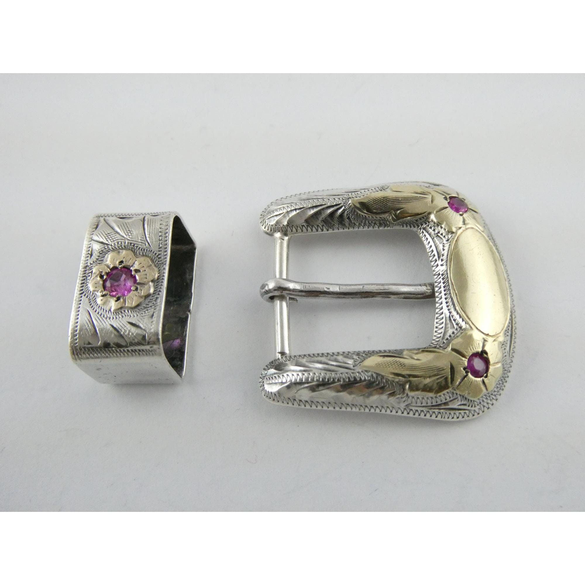 Vintage Southwestern 10k Gold and Sterling Silver Ruby Floral Belt Buckle Set