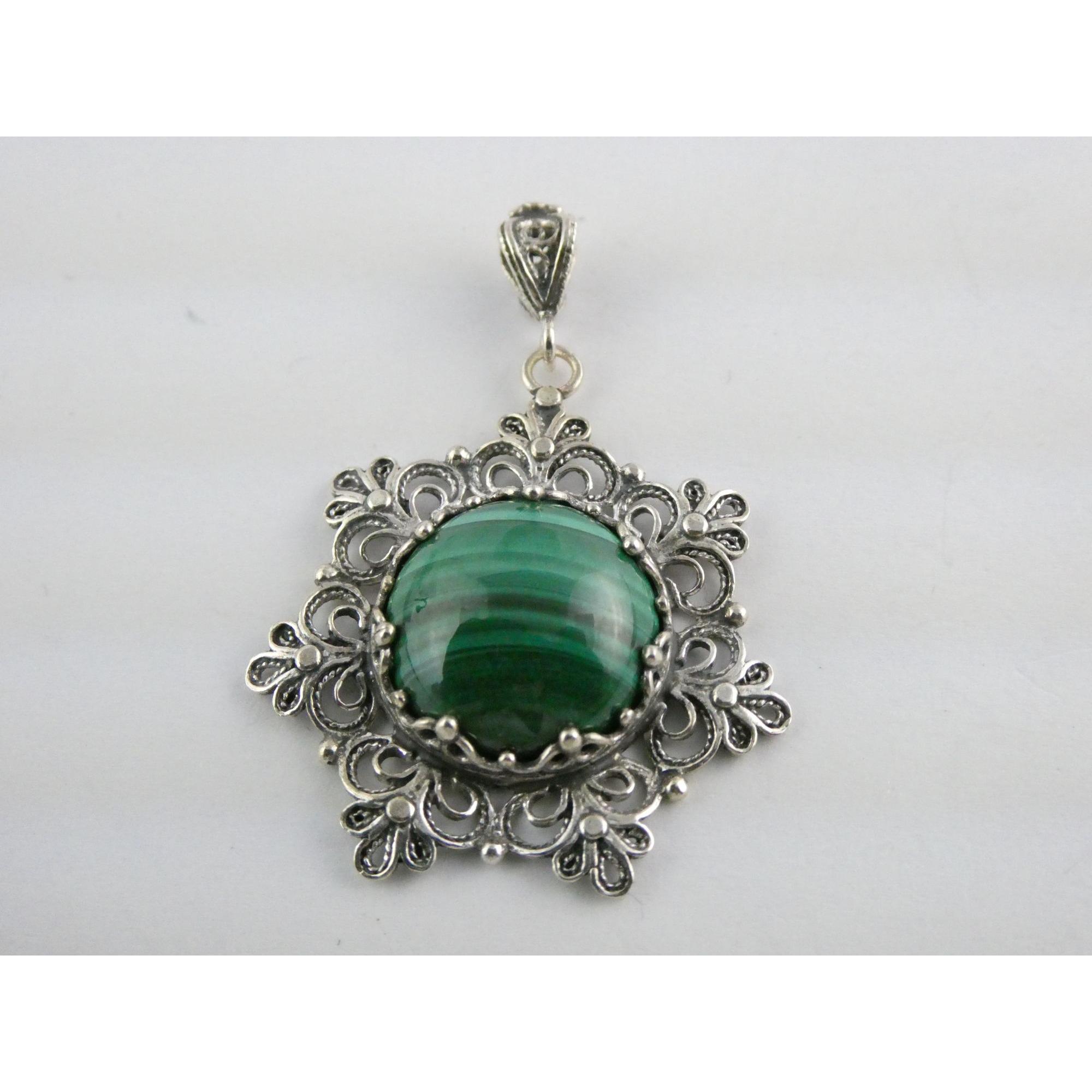 Jaja Filigranist Turkey Sterling Silver Malachite Pendant 925 8.4g
