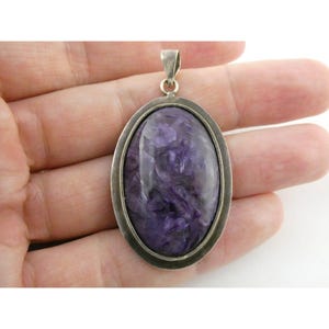 Vintage Sterling Silver Purple Charoite Oval Cabochon Pendant 925 10g 2 Inches